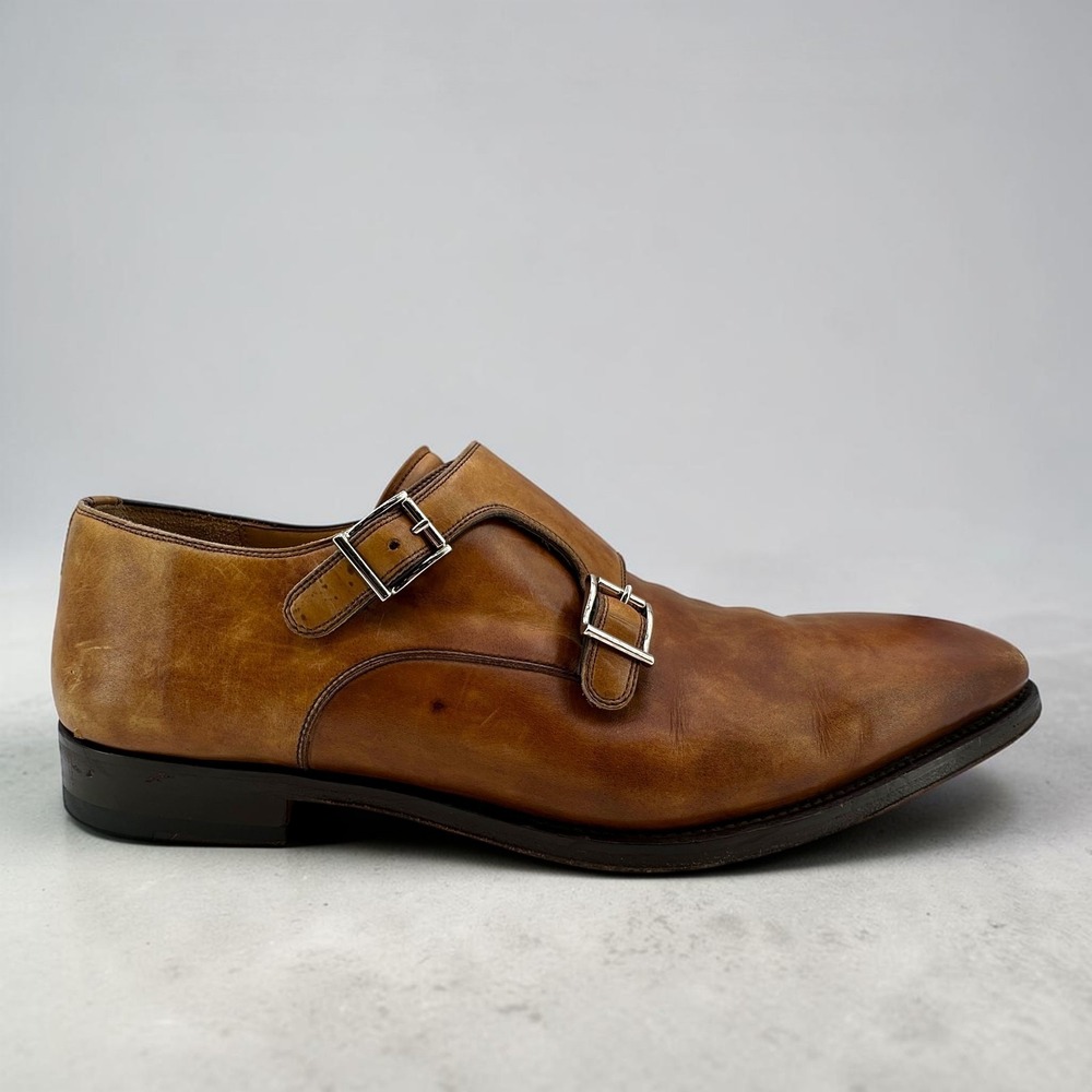 Magnanni Double Buckle Monk Strap Shoes Mens 10M Ramolo Tobacco Brown Leather